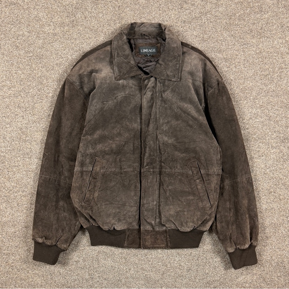 Vintage Lineage Brown Suede Leather Bomber Jacket Mens Size Large Full Zip Retro